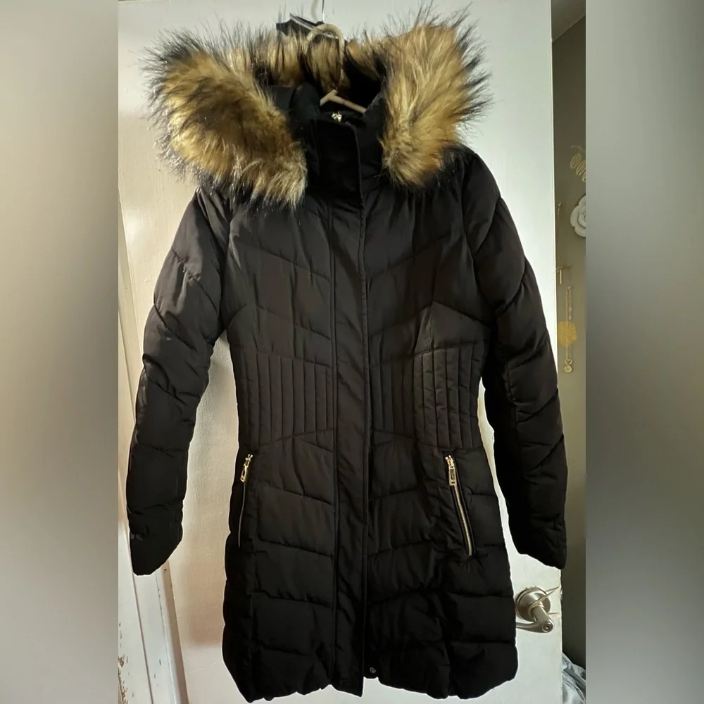 coat Ivanka Trump Black Puffer Coat Faux Fur Hood Long Quilted Jacket XS - Picture 1 of 8